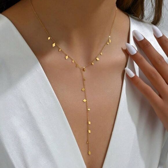 Jewelry - Gold Plated Stainless Steel Geometric Charm Lariat Y Necklace Minimalist Jewelry